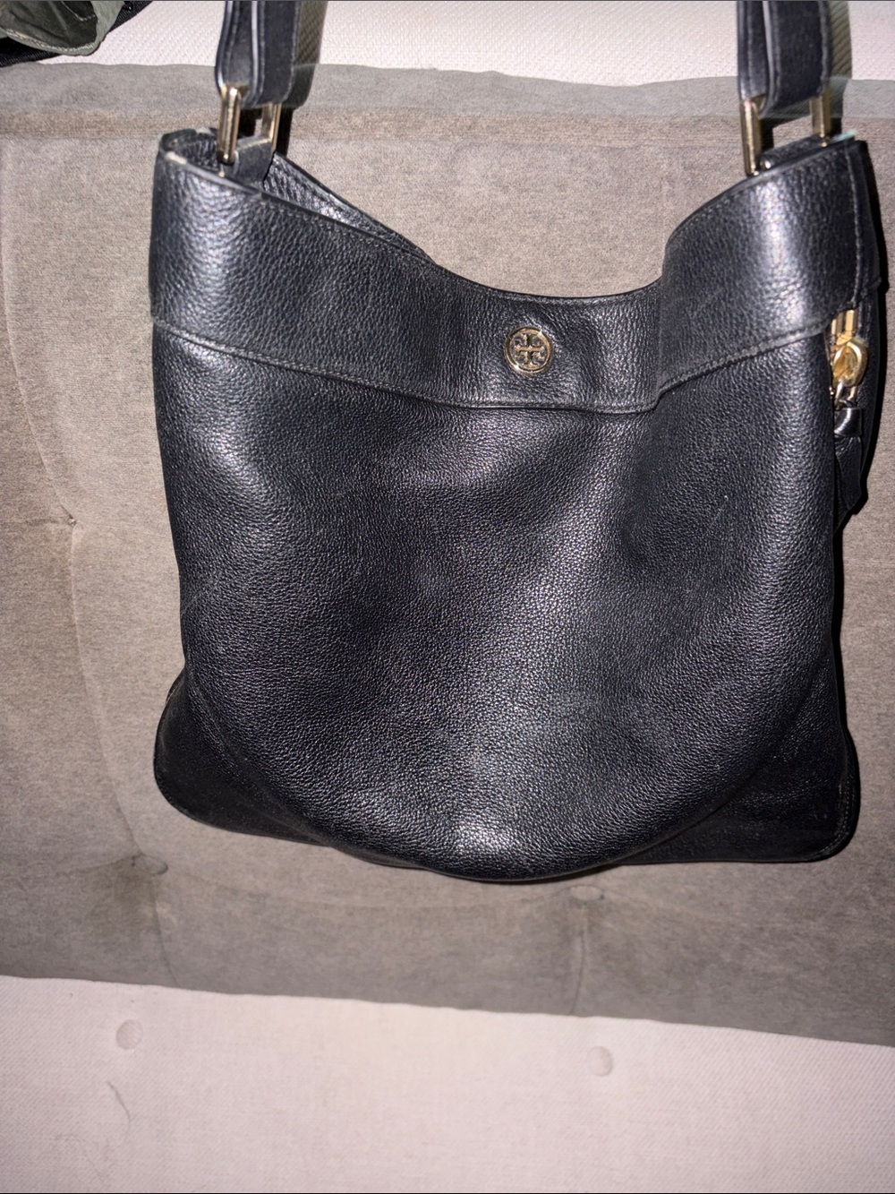 Tory Burch Refurb Black Pebbled Leather Shoulder Hobo with Gold Logo